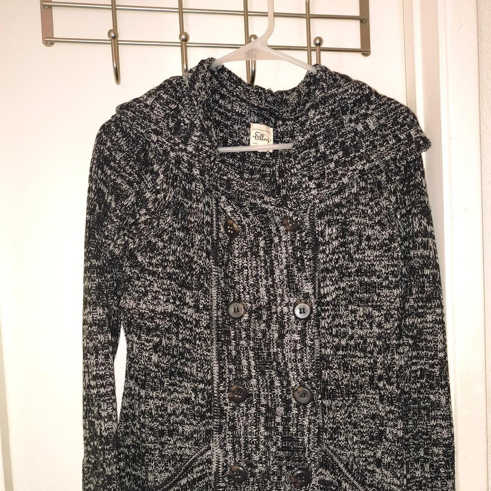 Effeci Womens Black White Marled Knit Hooded Cardigan Sweater Double Breasted L